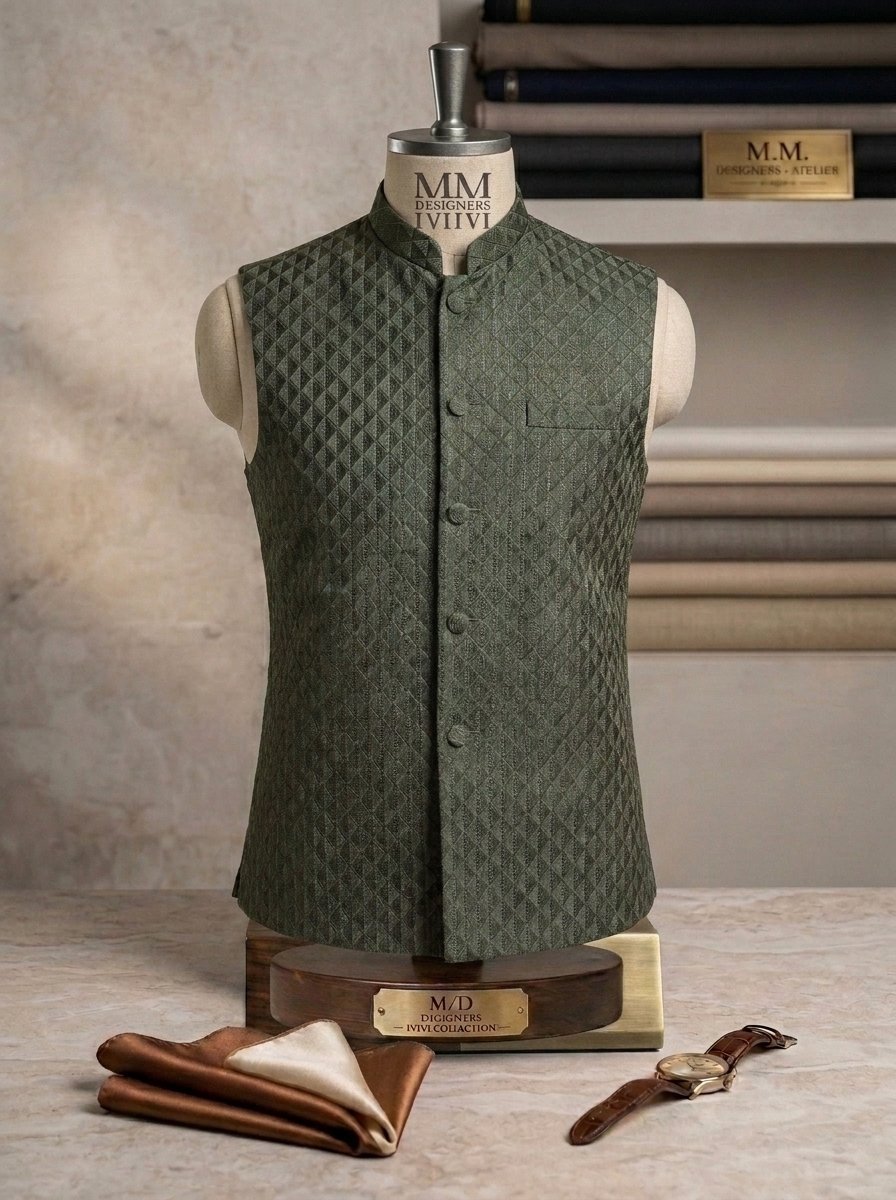 Dark Olive Green Embroidered Waiscoat